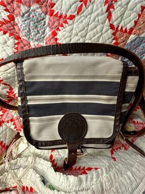 Striped Canvas Crossbody Bag with Leather Trim - Navy & Cream